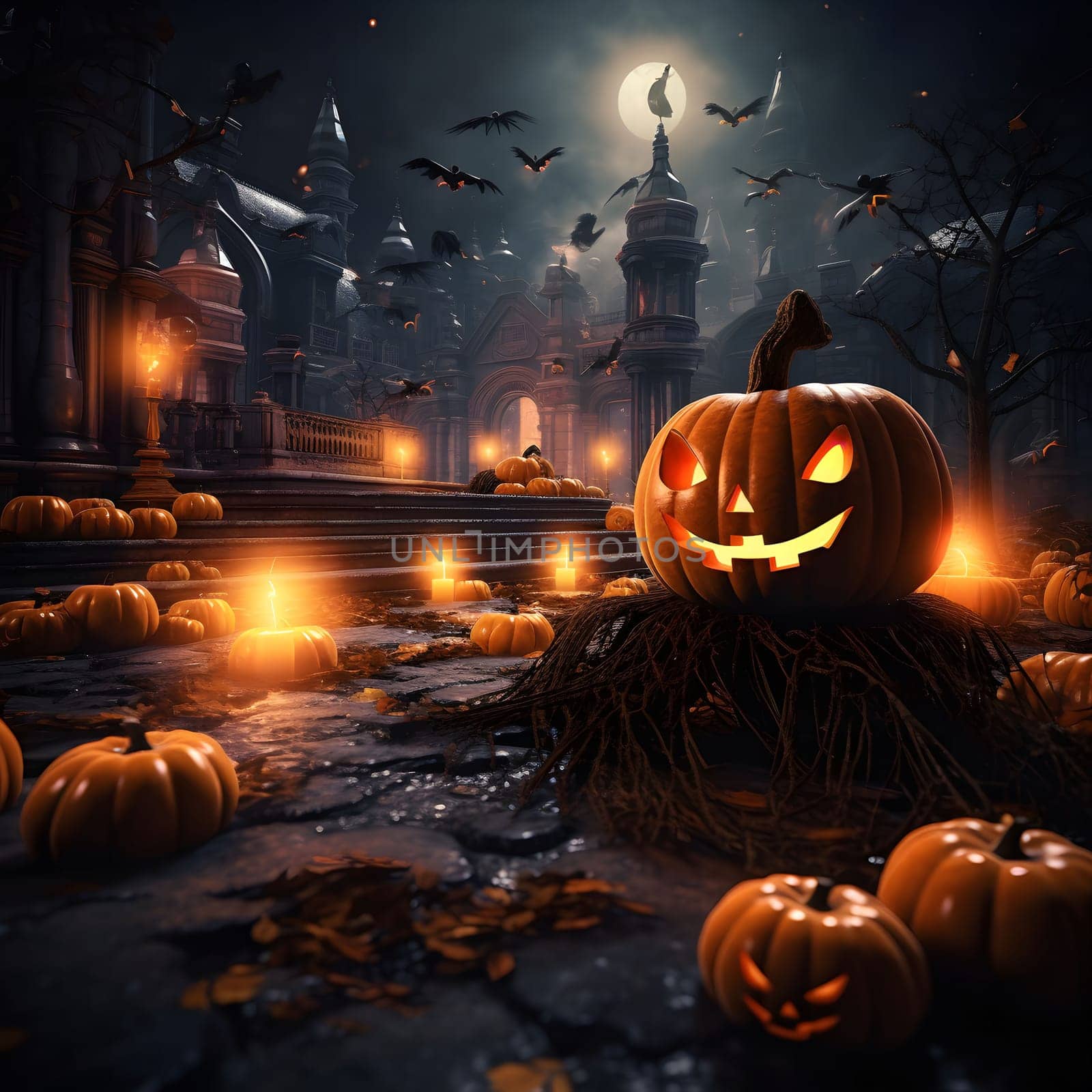 A carved pumpkin stands in front of a spooky castle, with a full moon illuminating the scene. The image is filled with spooky and eerie elements that are perfect for Halloween.