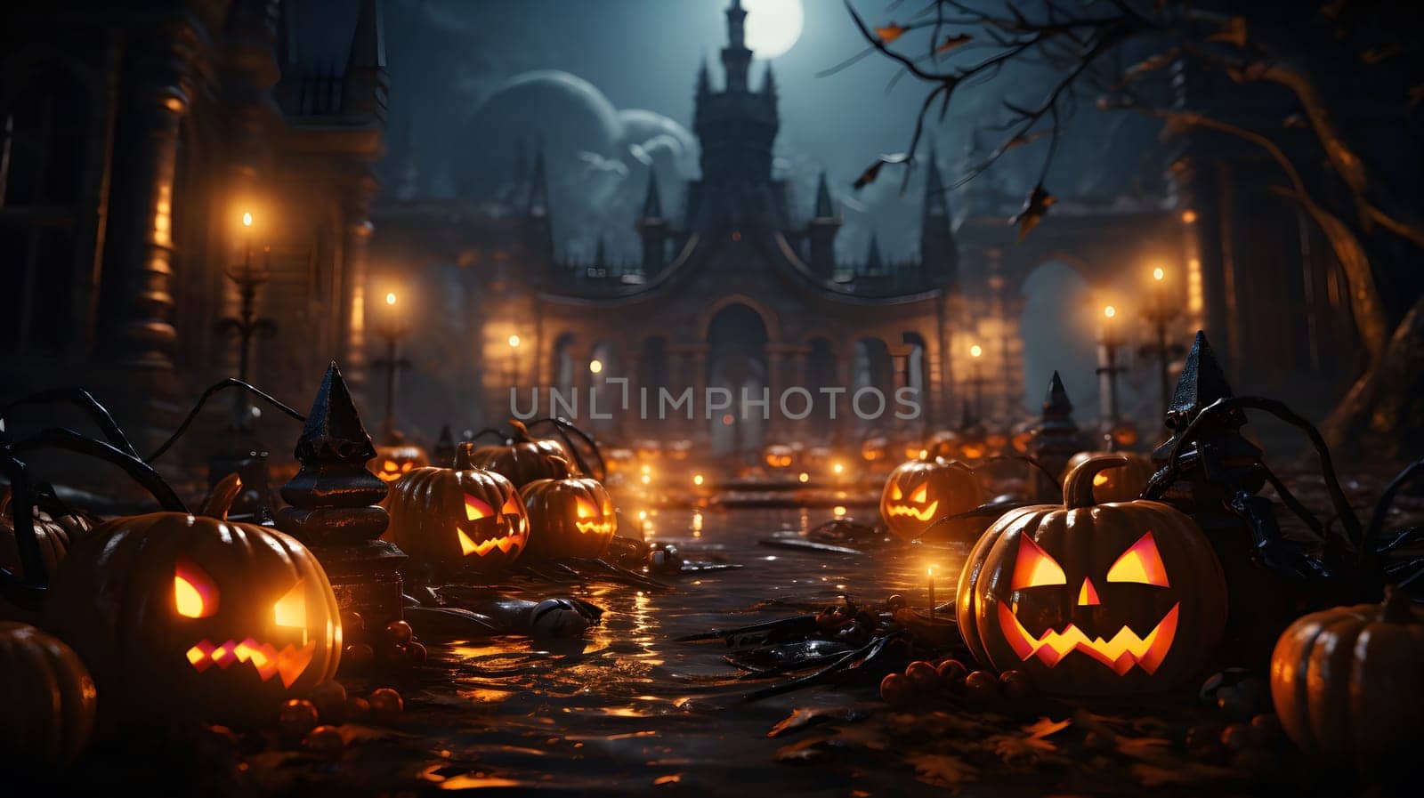 A spooky Halloween scene with Jack-o-Lanterns glowing in the dark, surrounded by a mysterious and eerie castle in the distance.