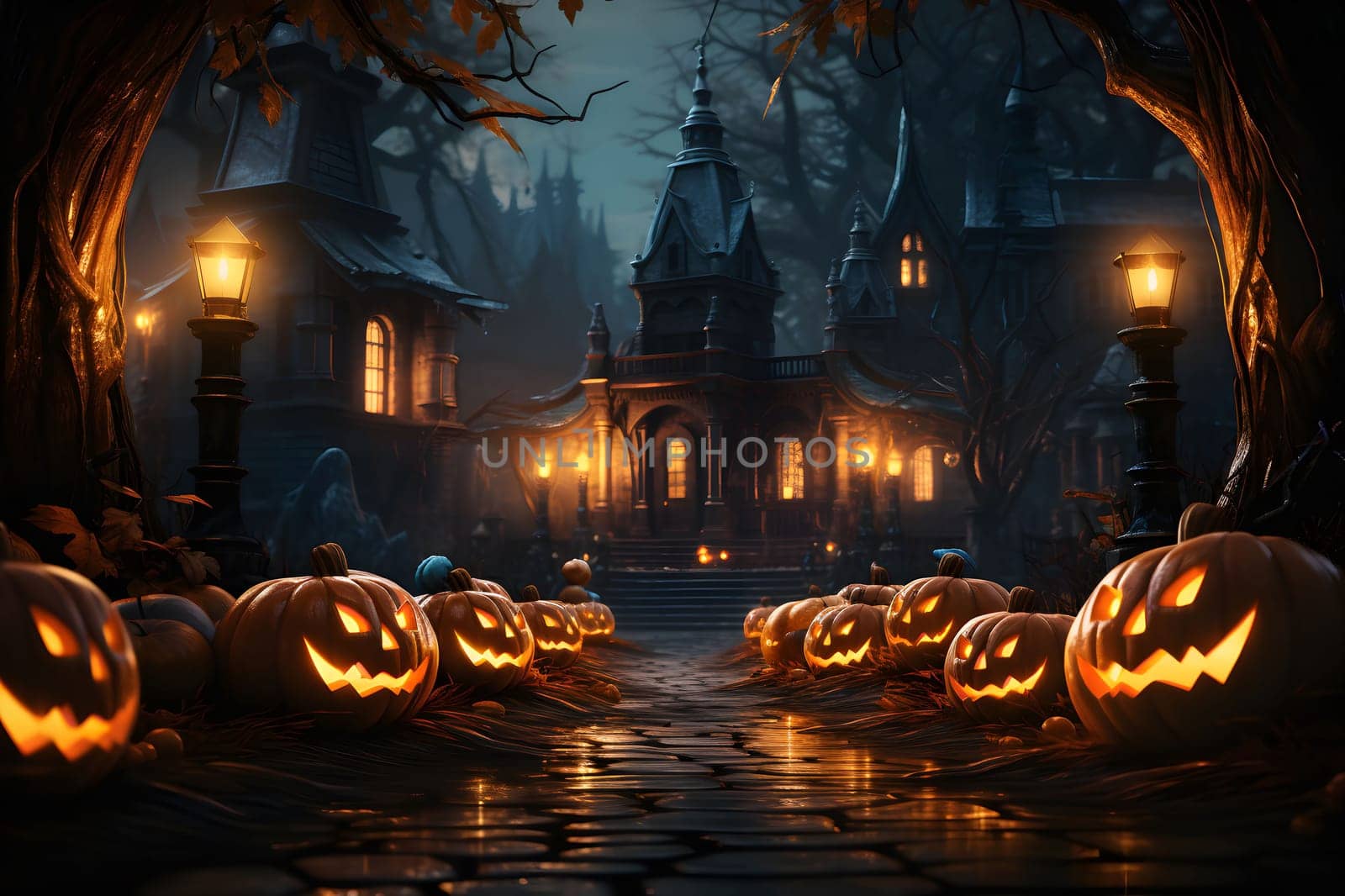 A spooky Halloween night scene with jack-o'-lanterns, a haunted house, and an eerie atmosphere.