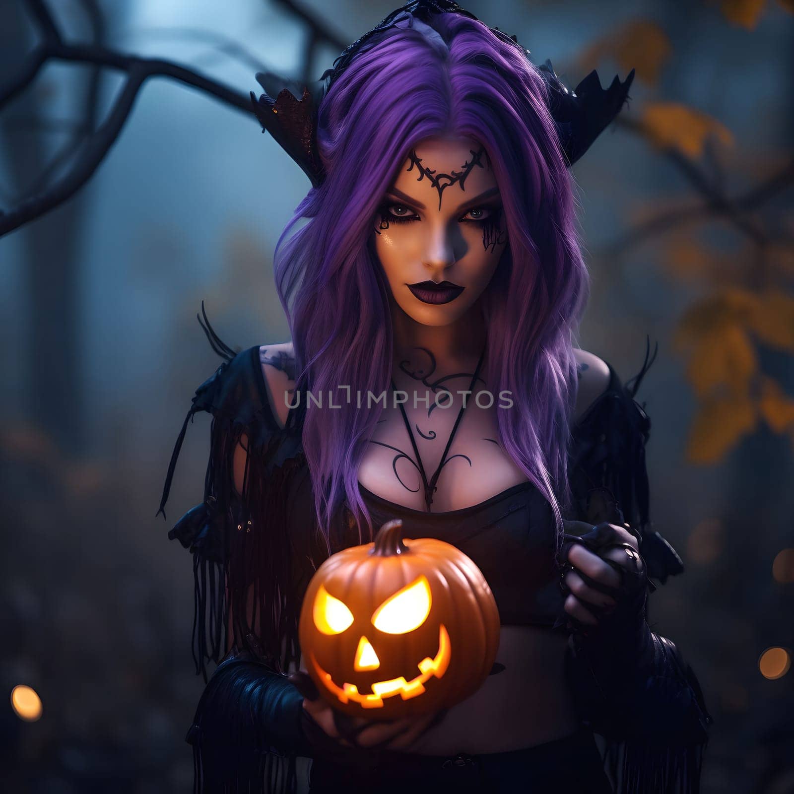 A witch in a costume, holding a lit pumpkin, with spooky makeup, purple hair and a mystical expression