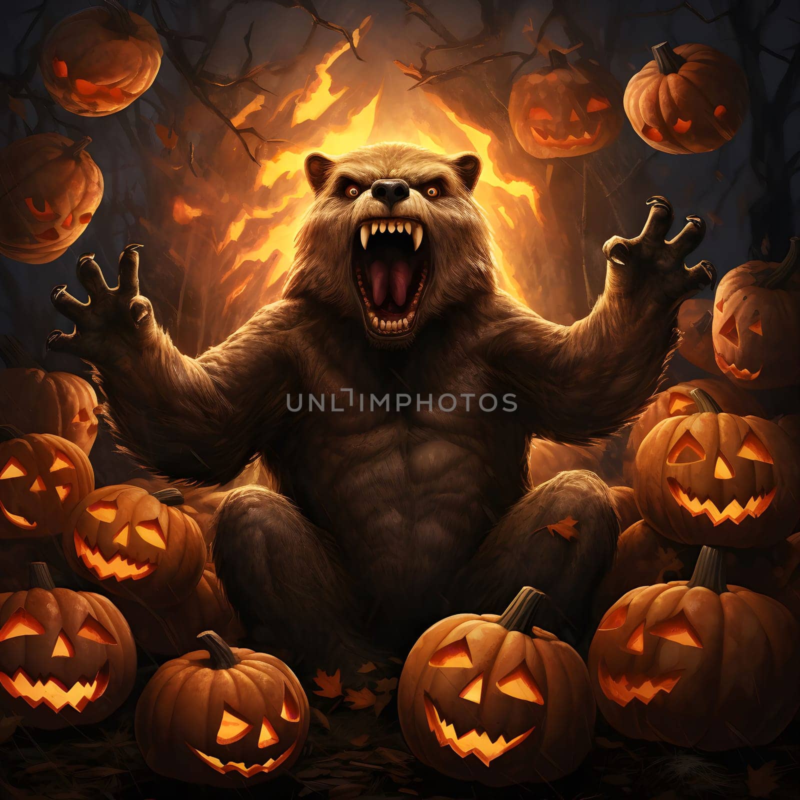 A large bear with sharp teeth, stands in a forest surrounded by glowing pumpkins in a creepy, spooky, and frightening atmosphere.