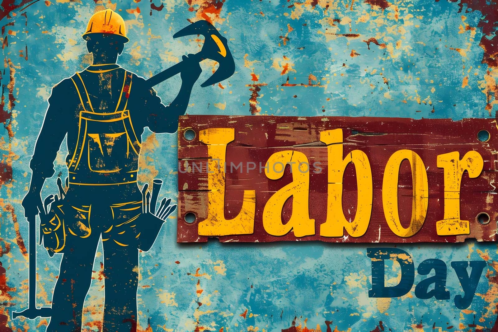 A vintage rusty sign with a silhouette of a construction worker and the words Labor Day.