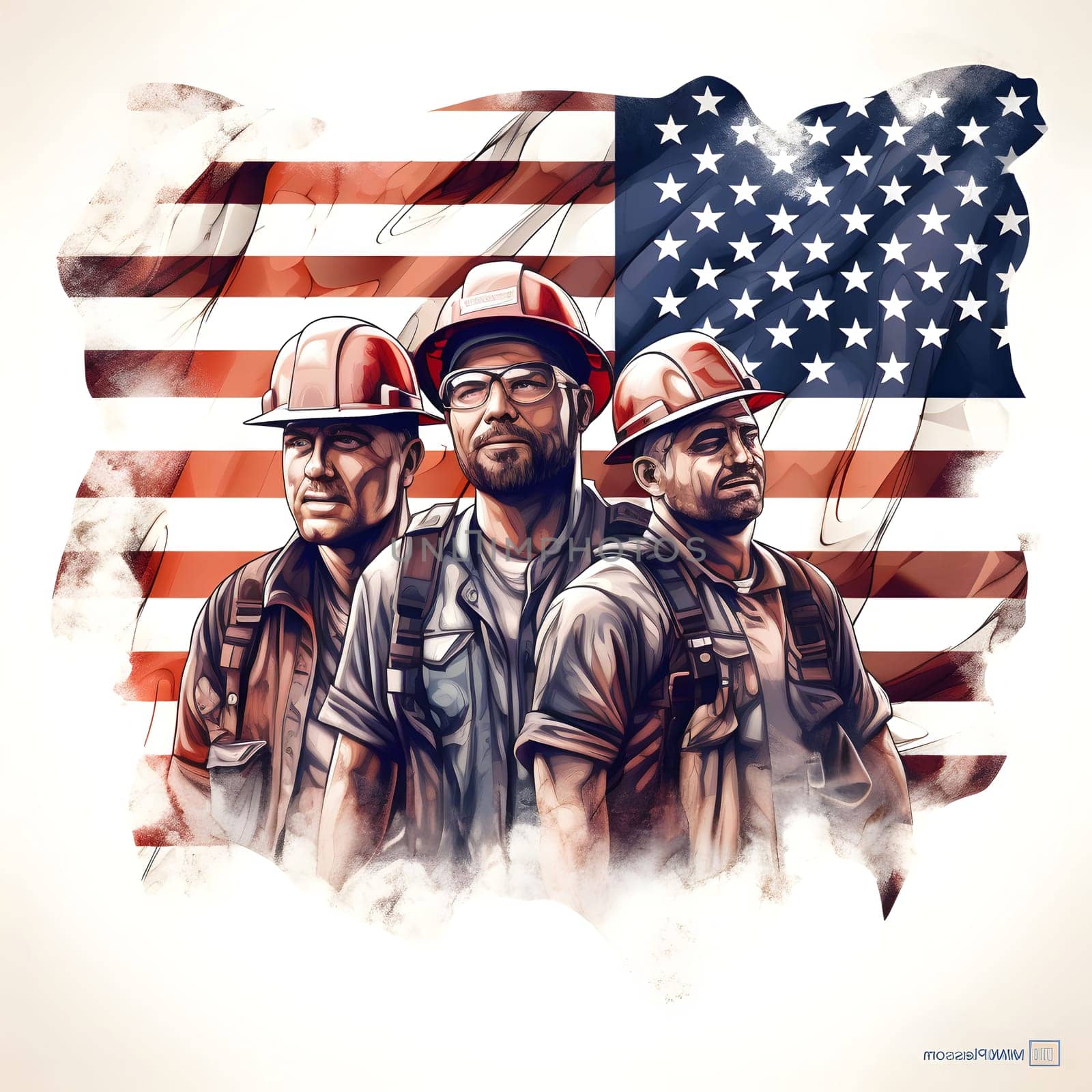 Three construction workers stand in front of the American flag, symbolizing hard work and dedication
