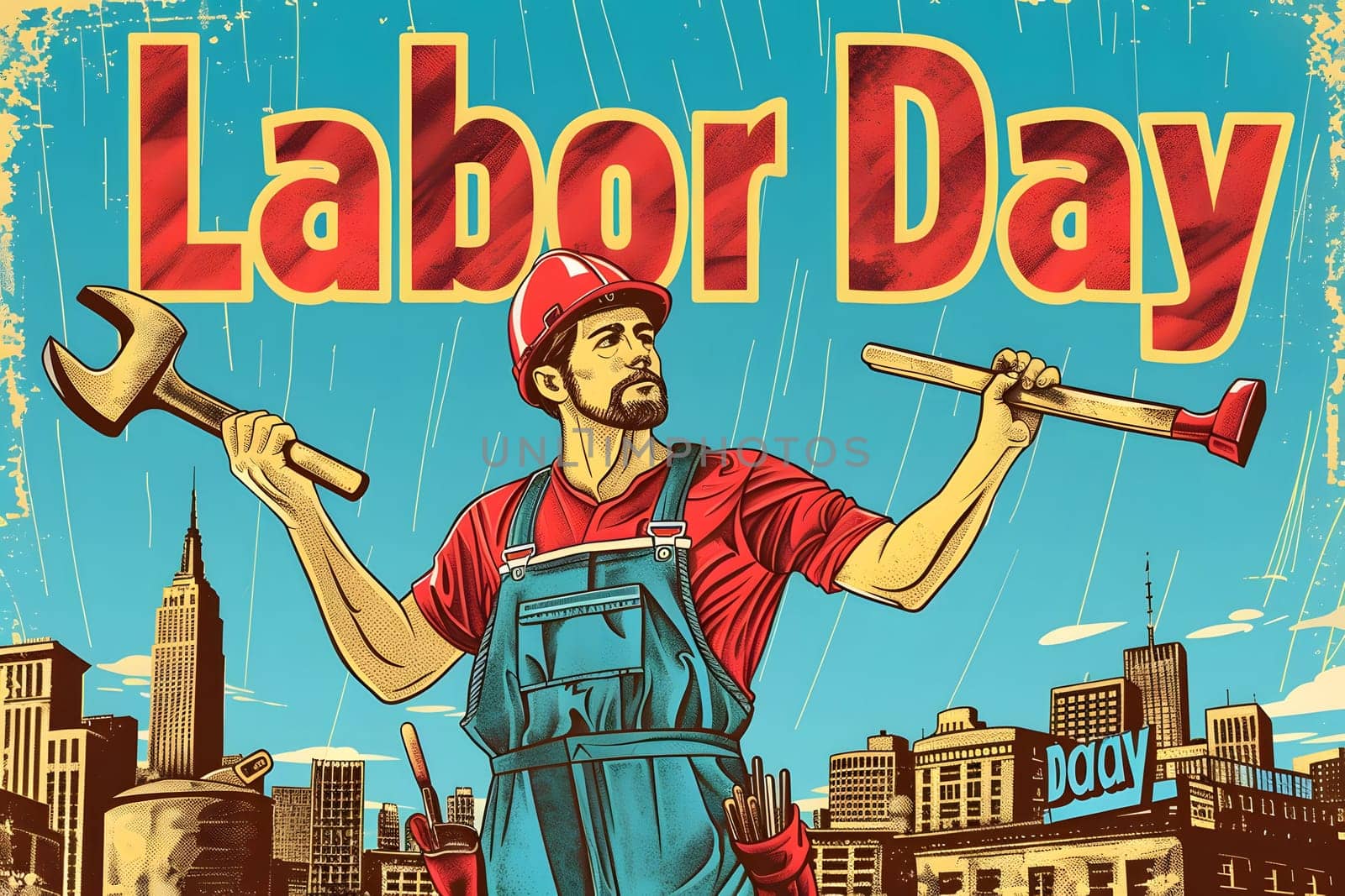 A vintage style poster design celebrating Labor Day featuring a construction worker holding tools in a cityscape background.