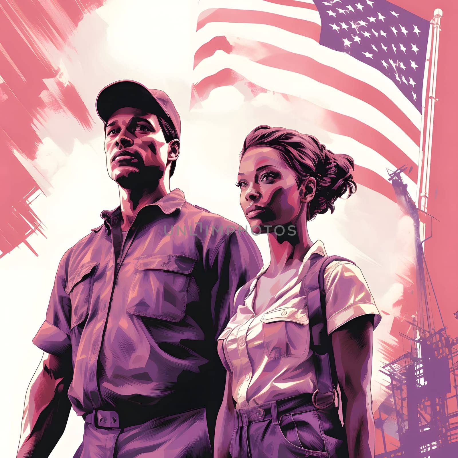 Two workers, a man and a woman, stand in front of a US flag in a construction site.