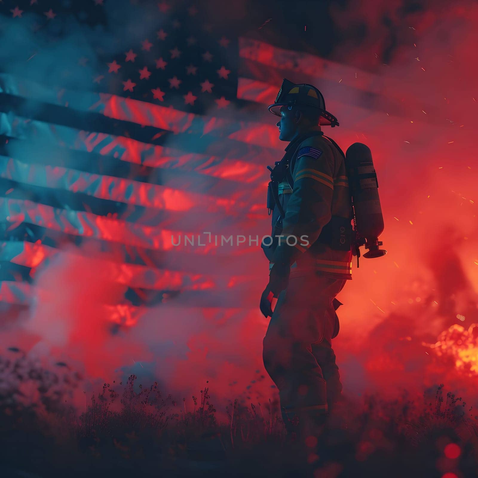 A firefighter stands in front of the American flag, backlit by smoke and flames.