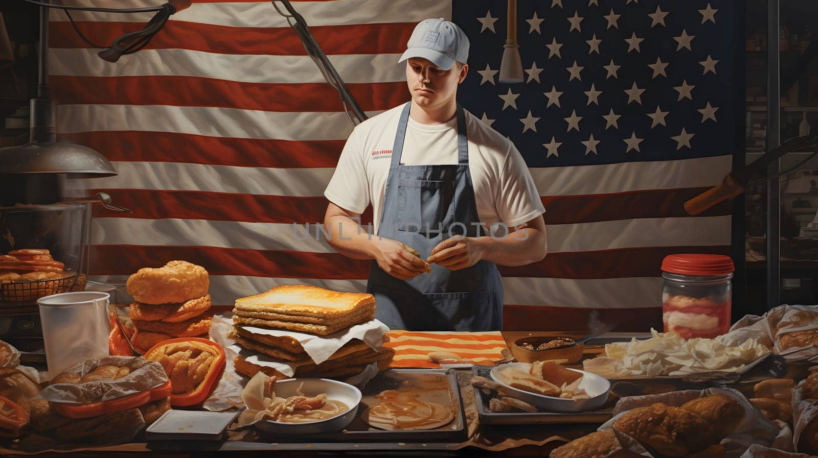 A man in an apron and cap stands before an American flag, preparing a large sandwich using numerous ingredients displayed on a counter.