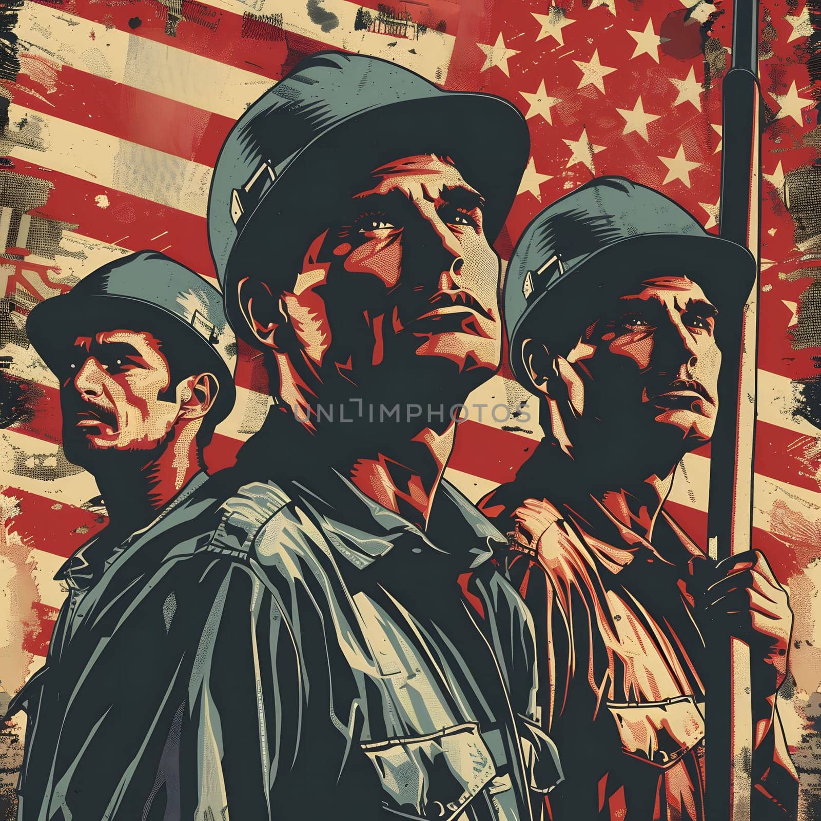 Three American soldiers in a patriotic illustration.