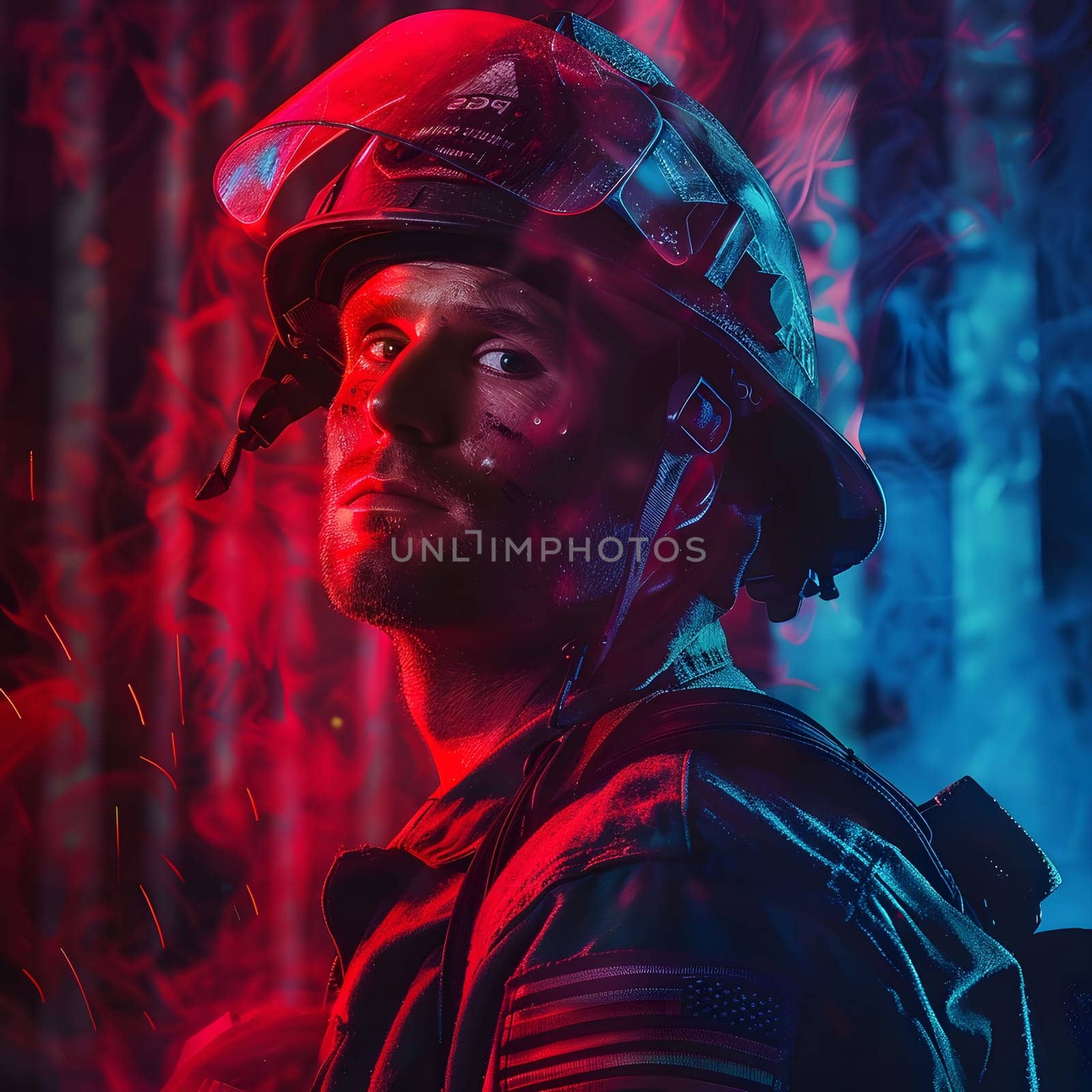 A close-up portrait of a soldier in a helmet with red and blue lighting in the background. He looks determined and focused.