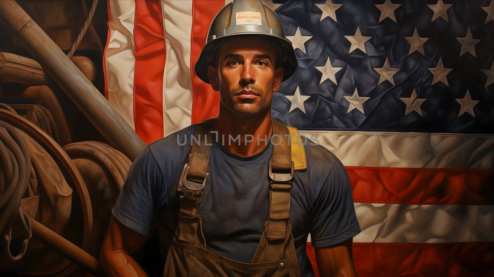 A portrait of a worker in front of an American flag, he wears a blue collar, overalls, and a hard hat