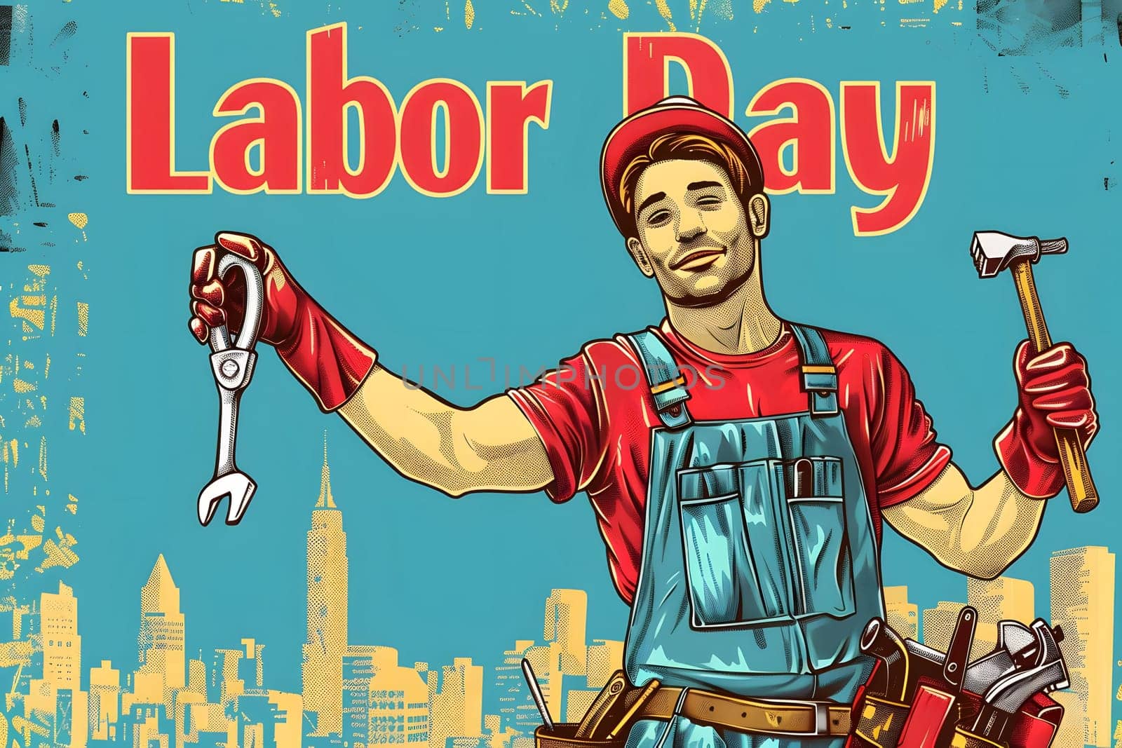 A happy worker holding a wrench and hammer, celebrating Labor Day with a cityscape in the background.