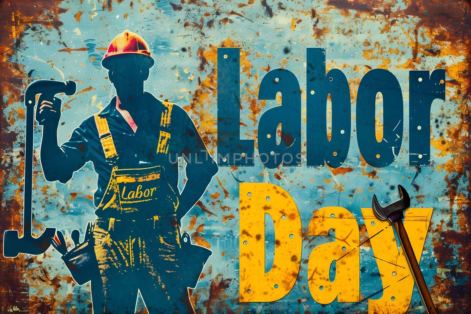 A rusty metal sign depicting a worker in a hard hat holding a wrench with a Labor Day message.