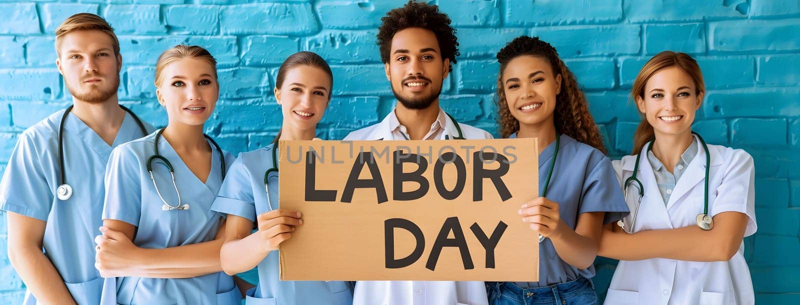 A group of diverse medical professionals, doctors, and nurses, celebrate Labor Day together in a hospital setting. They are holding a sign that says "Labor Day" and smiling joyfully.