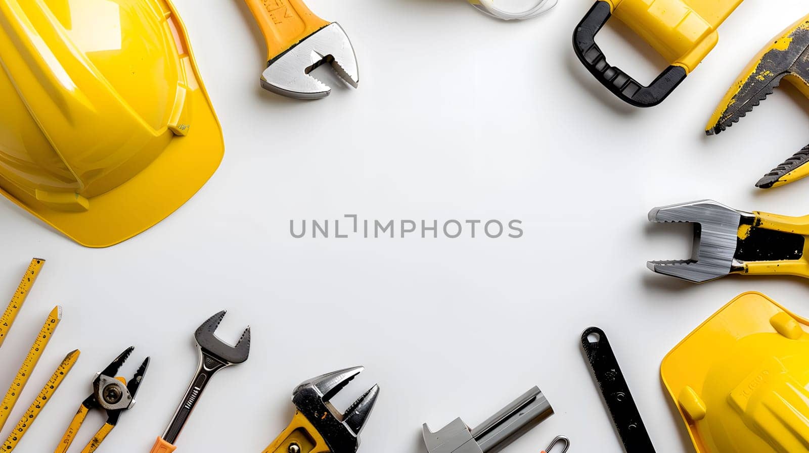 A flat lay image of construction tools arranged around a white background, including wrenches, a hammer, a helmet, and other tools