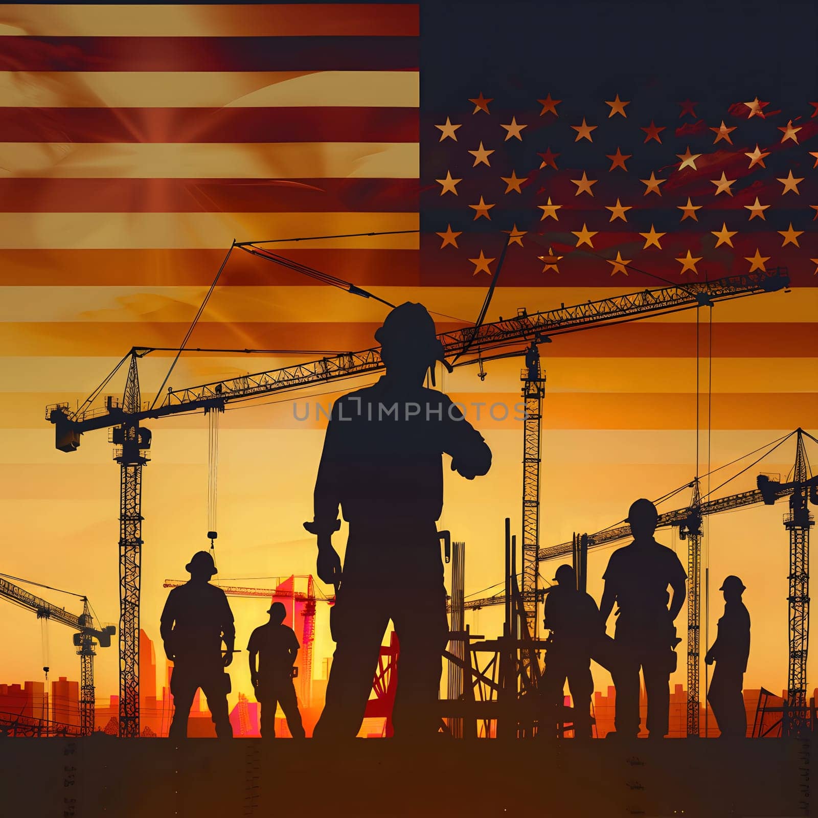 Silhouettes of construction workers standing against a backdrop of a large American flag, capturing the spirit of American hard work and industrial power.