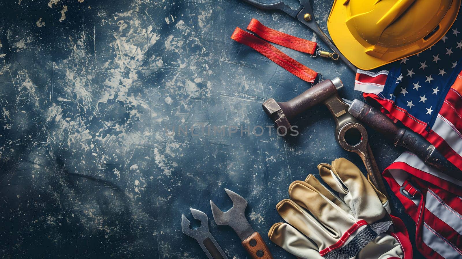 Close up of a collection of construction tools and the American flag against a blue background, celebrating Labor Day.