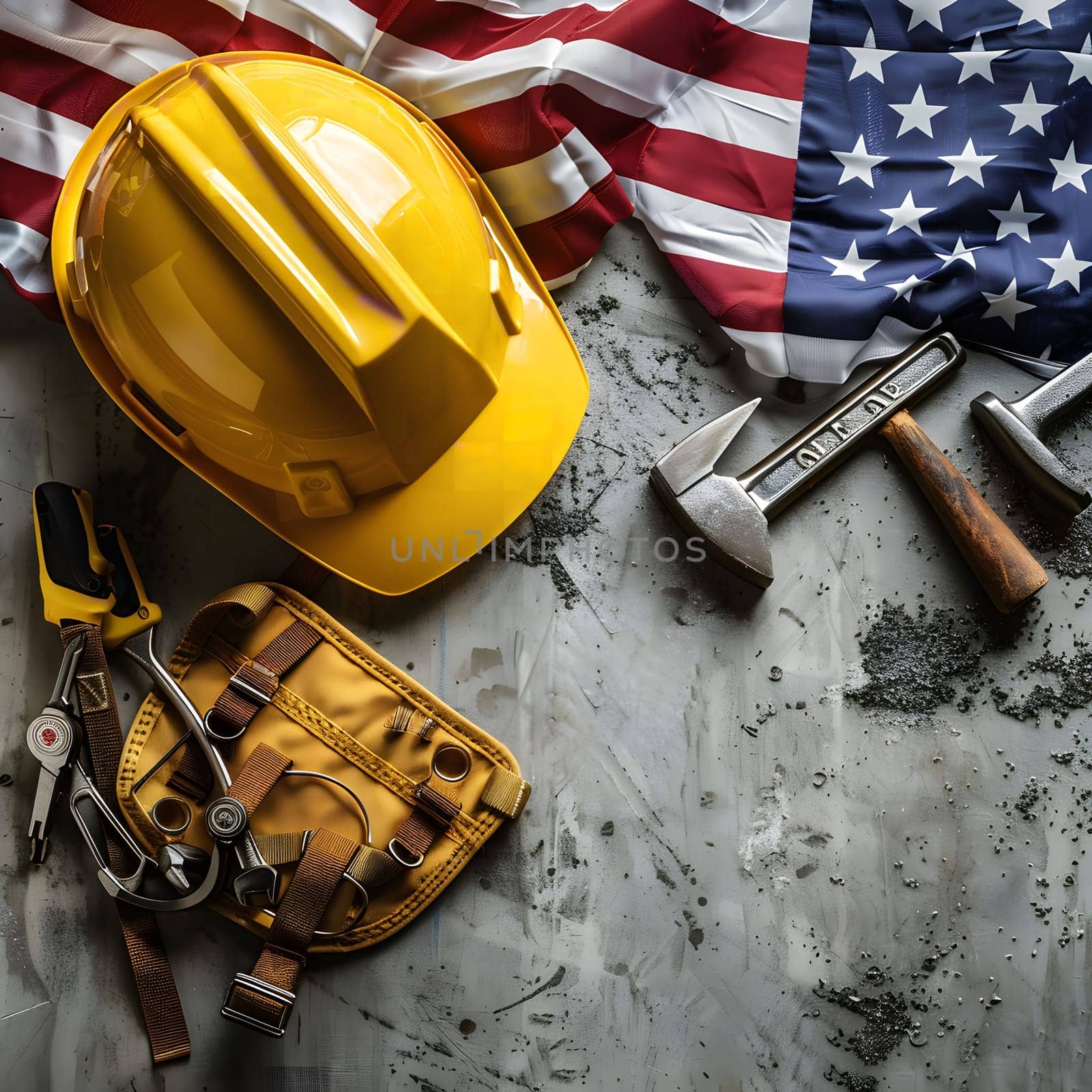 A yellow hardhat, tools, and the American flag represent American labor