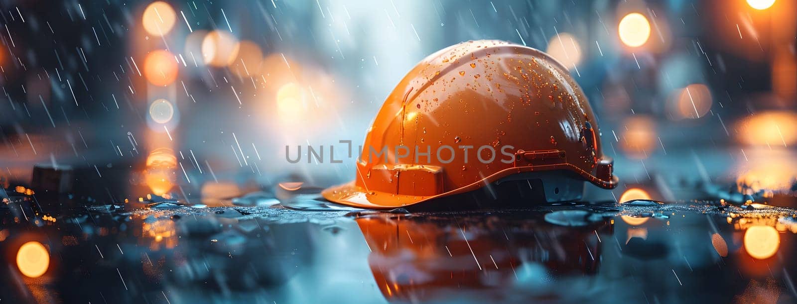 An orange construction helmet is lying in a puddle on a city street during a heavy downpour. The lights of passing cars create a blurry backdrop.