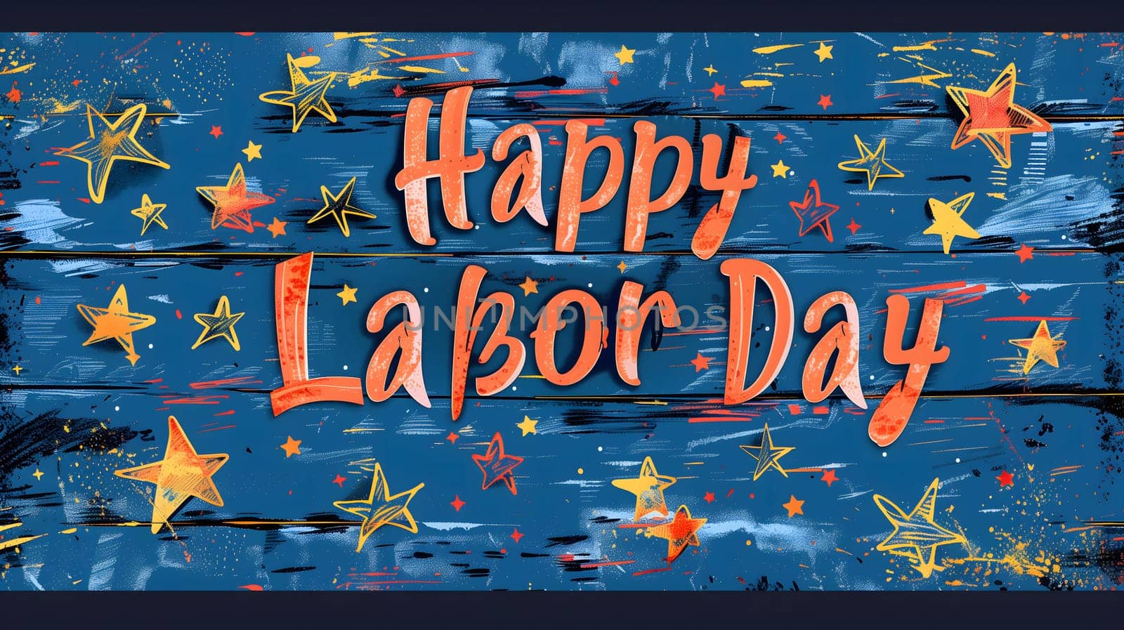 A blue wood board with a painted message 'Happy Labor Day' with stars painted around it.