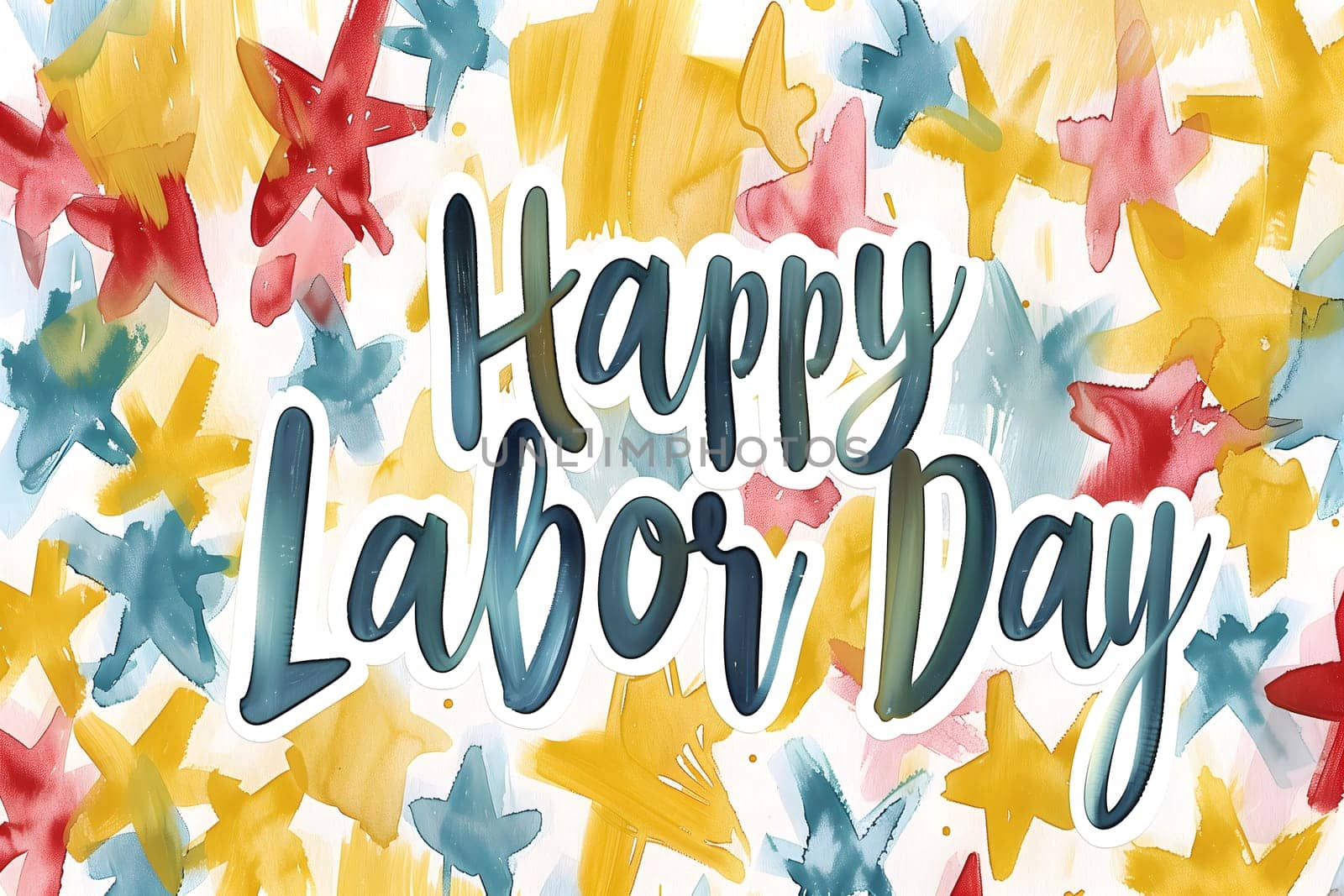 A watercolor illustration depicting the phrase 'Happy Labor Day' on a colorful background with stars.