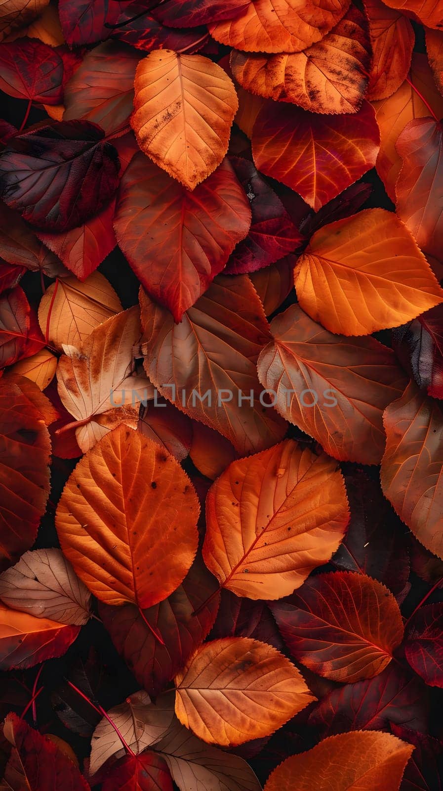 Close-up shot of autumn leaves in various shades of red, orange, and yellow.