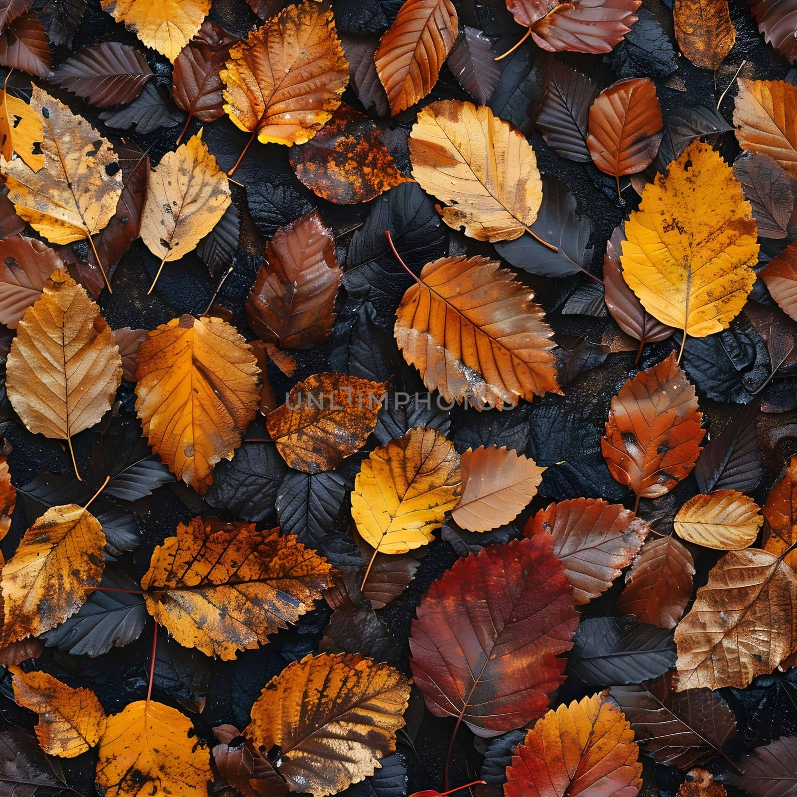 Close up of autumn leaves on the forest floor, showing a variety of colors and textures.