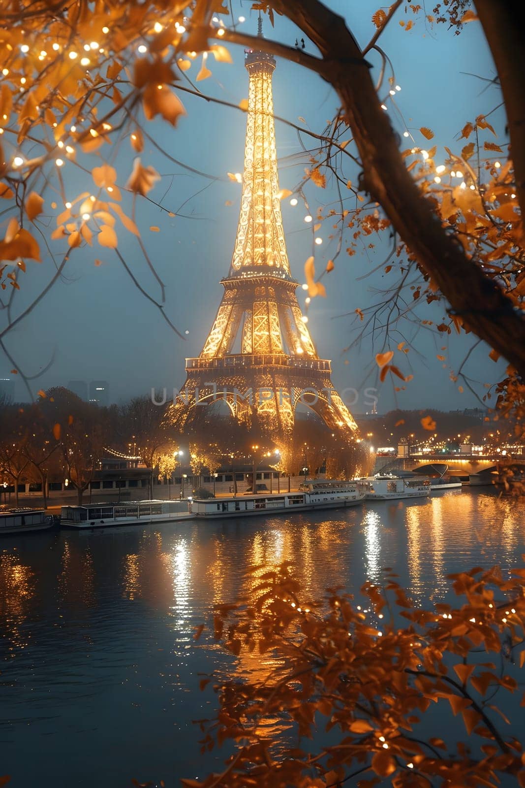 A view of the Eiffel Tower at night, illuminated against a dark sky. The reflection of the tower in the water adds to the beauty of the scene. The trees framing the picture add to the feeling of romanticism