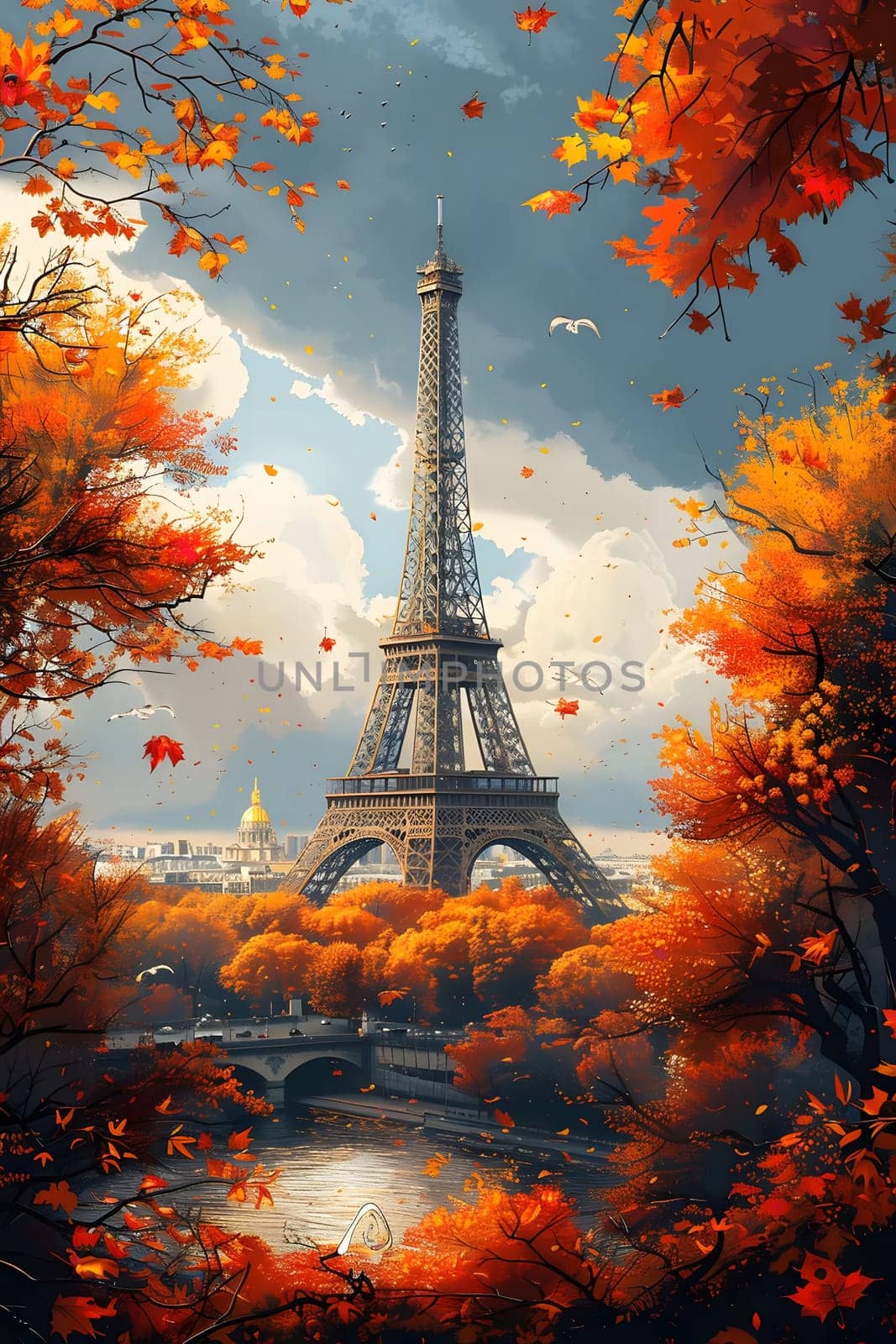 A stunning view of the Eiffel Tower in Paris during autumn, with falling leaves and vibrant colors filling the scene.