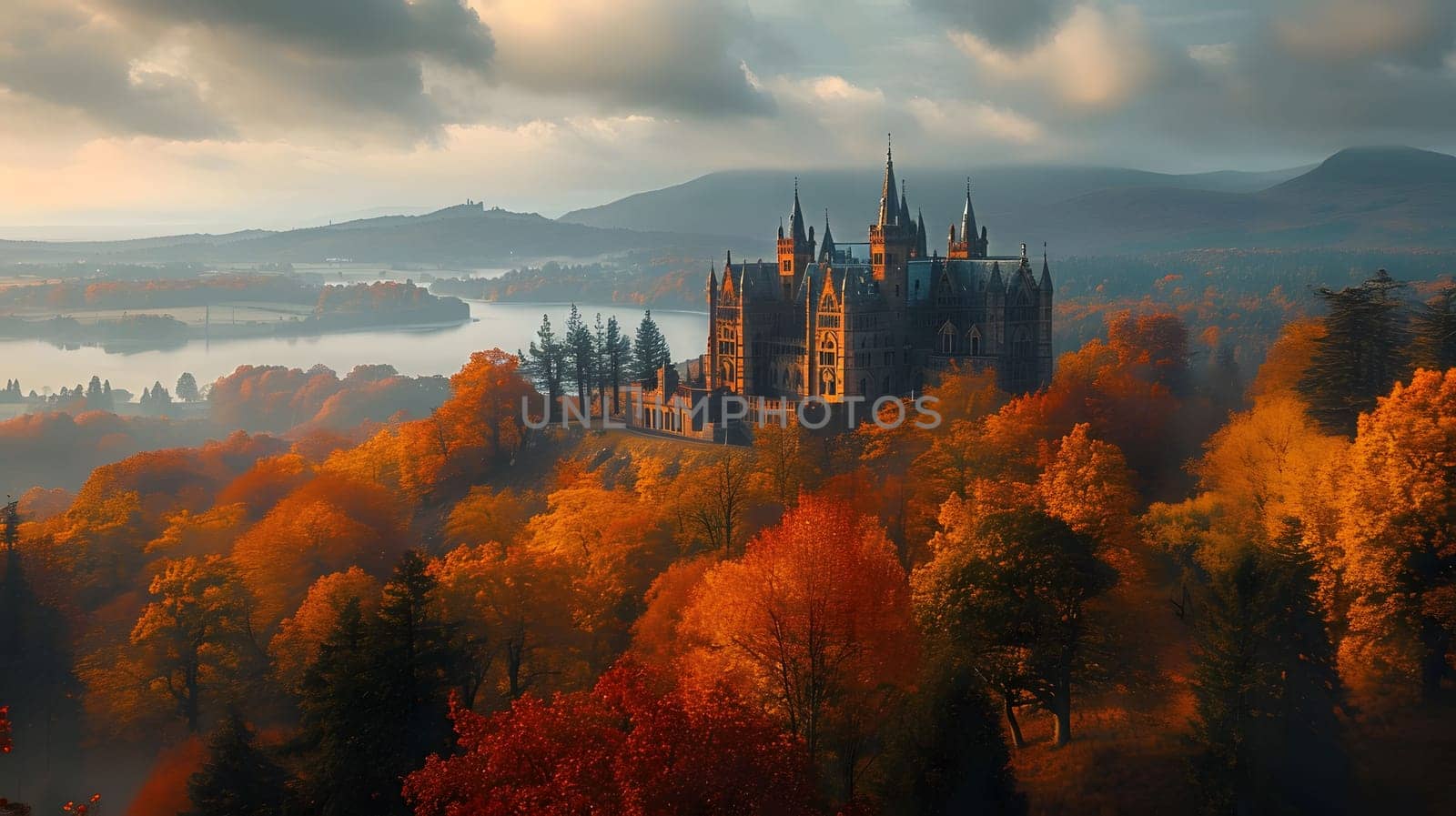 A majestic castle stands tall amidst a breathtaking autumn landscape, with vibrant foliage, misty valleys, and a shimmering lake in the distance, creating an enchanting scene.
