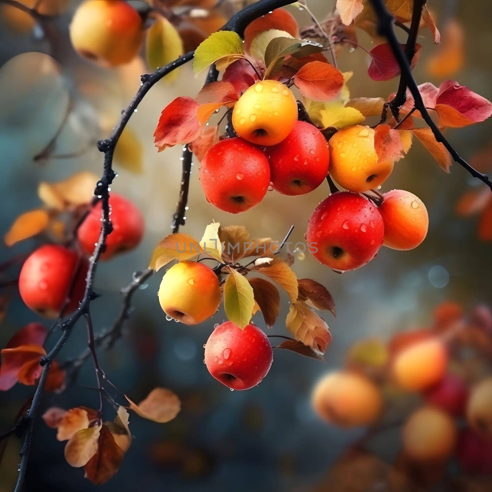 A cluster of ripe apples hangs from a tree branch, showcasing the vibrant colors of autumn. The red and yellow hues of the apples are beautifully contrasted by the green leaves and the soft, out-of-focus background.
