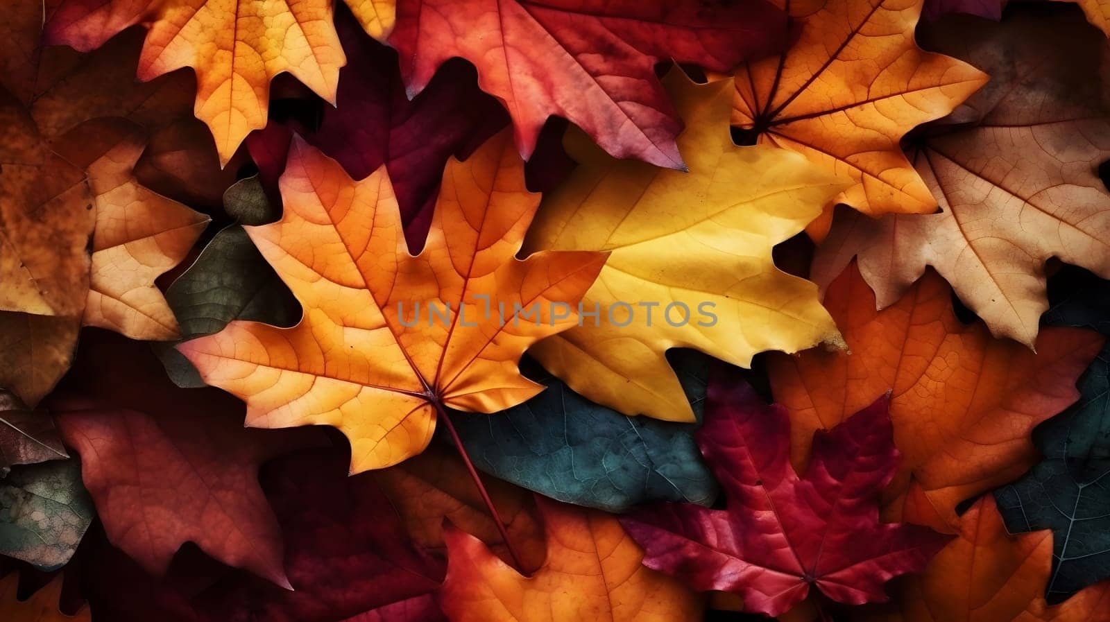 A close-up shot of various colorful autumn leaves, showcasing the vibrant hues of red, orange, and yellow. The leaves are arranged in a natural pattern, creating a beautiful and organic texture.