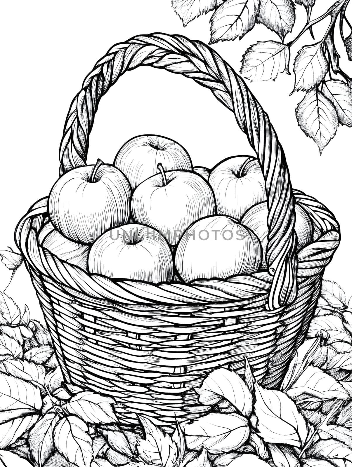 A basket filled with apples, drawn in black and white line art style.