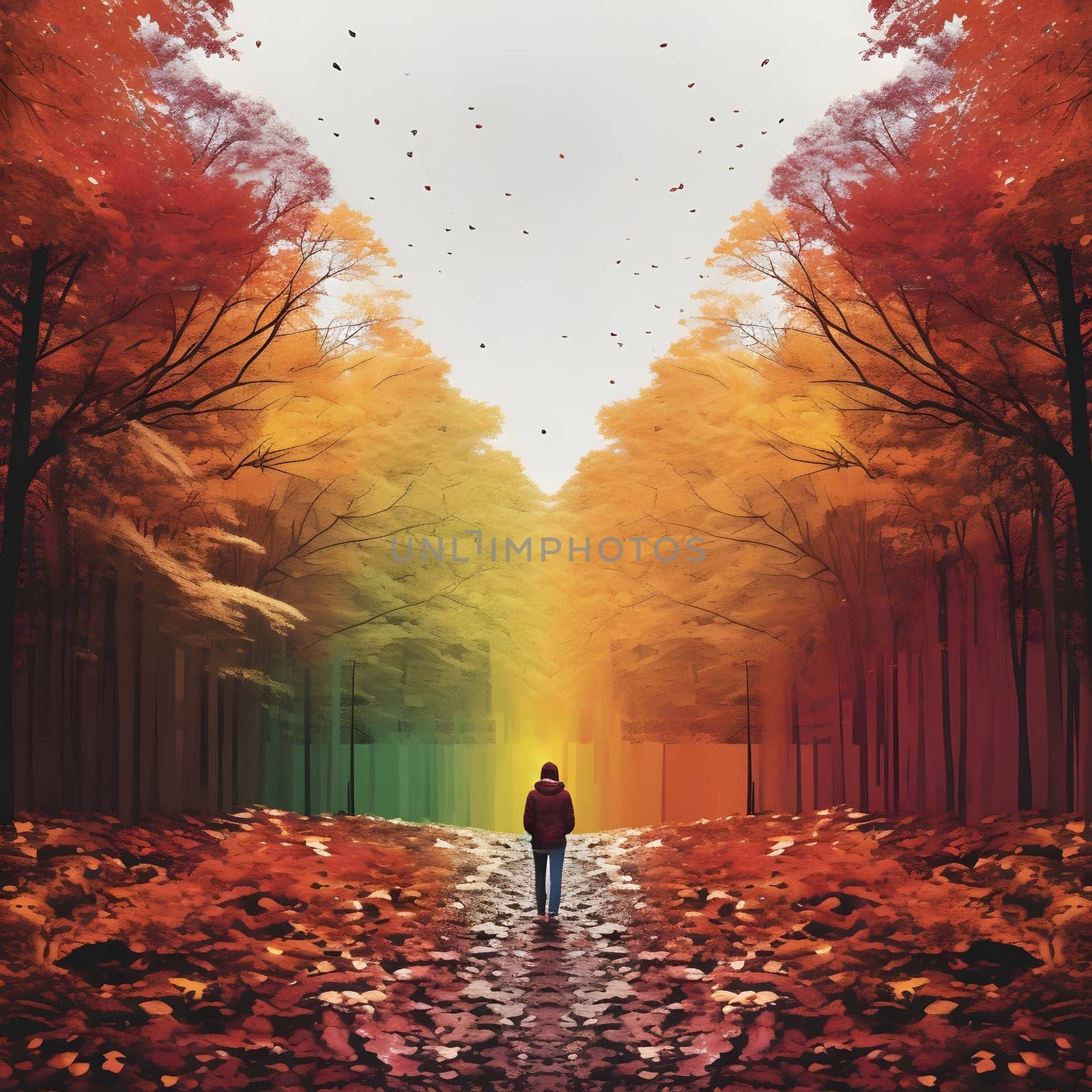 A lone figure walks down a pathway through an autumnal forest, the trees ablaze with vibrant colors. The sunlight illuminates the leaves, creating a golden glow.