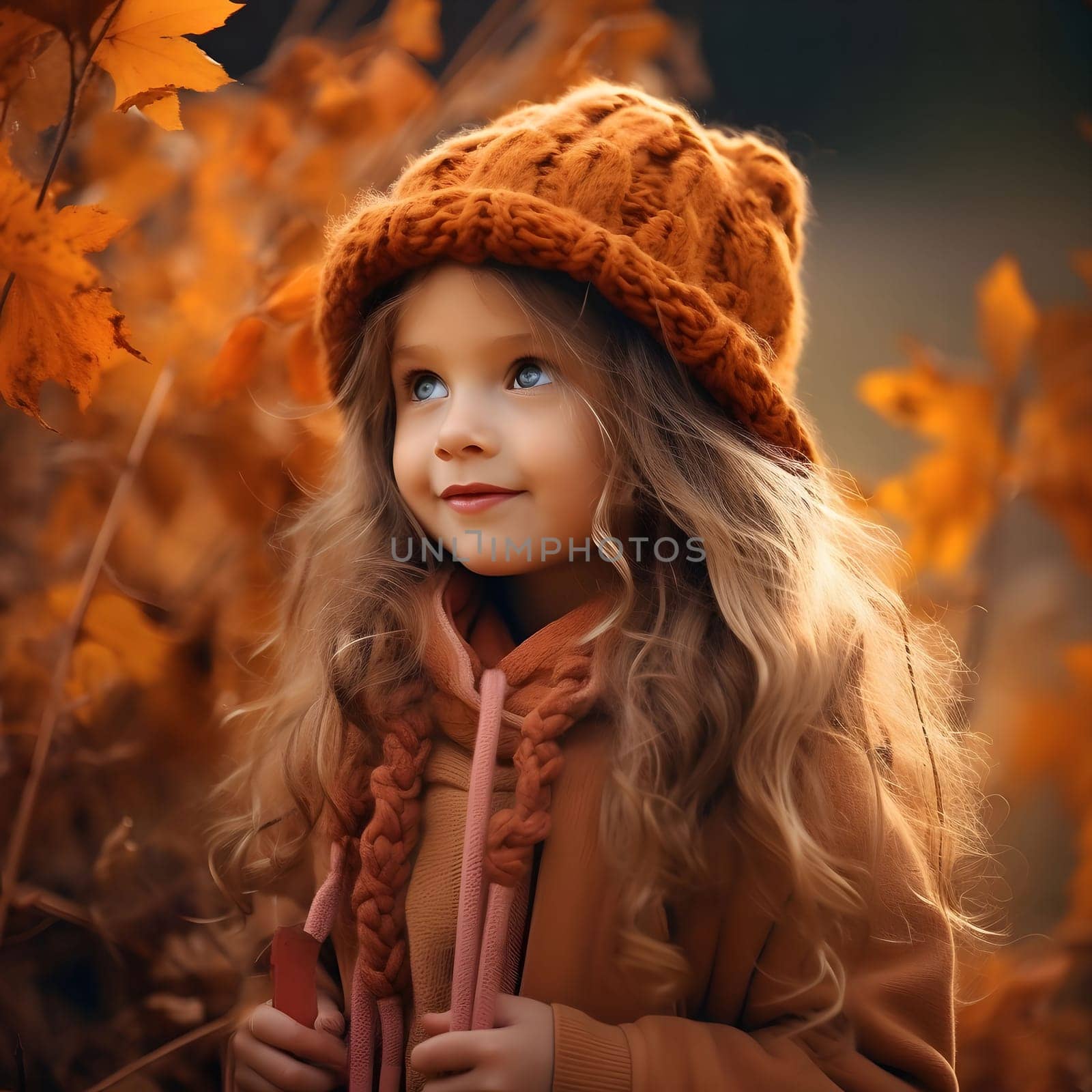 A young girl in a warm knitted hat and scarf, surrounded by vibrant autumn leaves, smiles as she looks upwards, capturing the essence of autumn beauty and childlike joy.