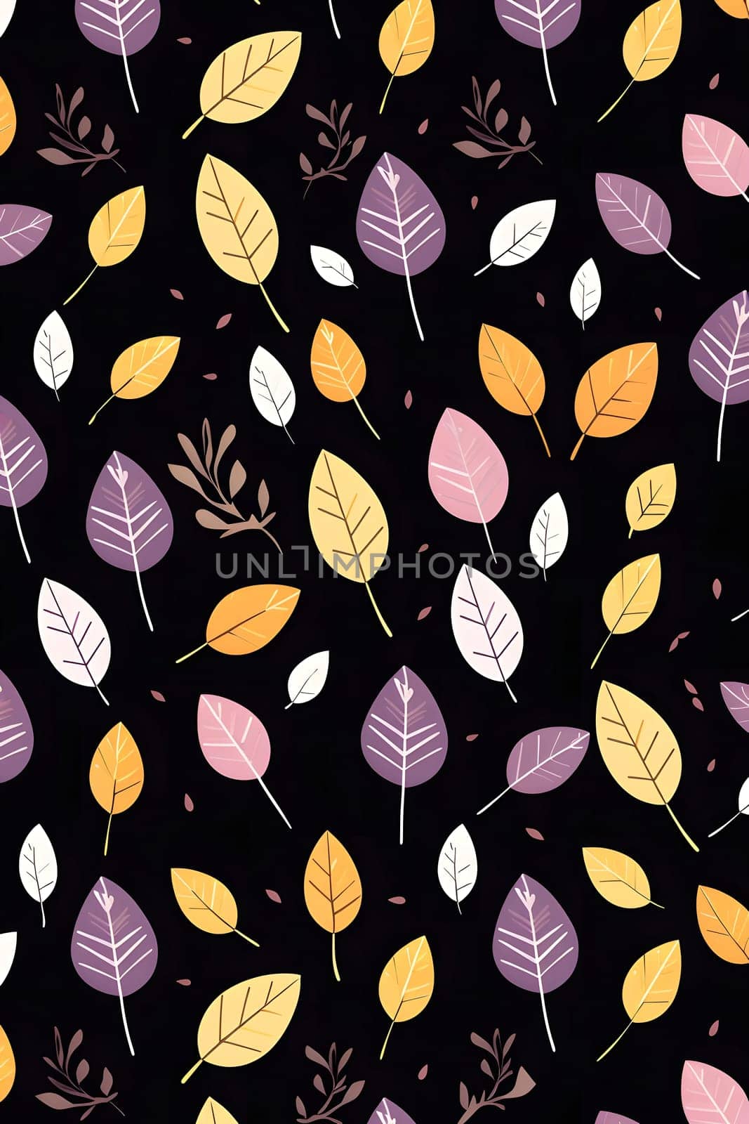 A colorful pattern of autumn leaves, with shades of yellow, orange, red, pink, purple, and white on a black background.