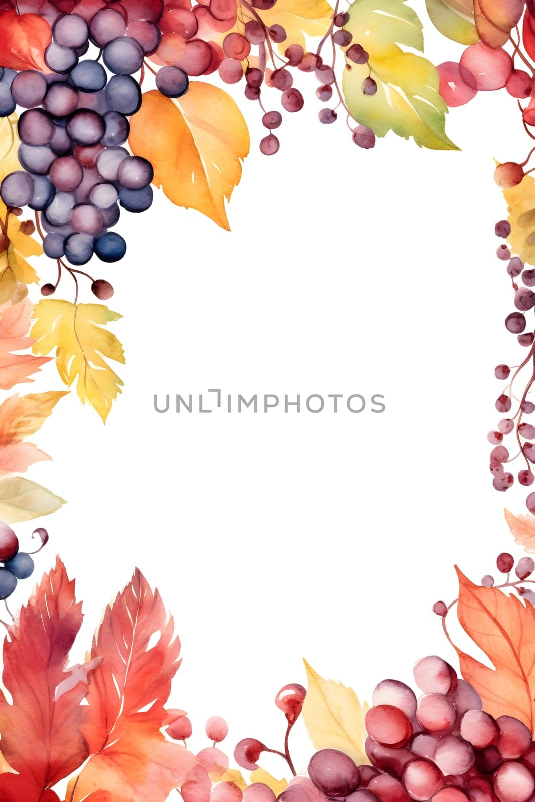 A beautiful watercolor illustration of autumn leaves and grapes forming a frame around a white space. The colors are vibrant and create a warm and inviting atmosphere.