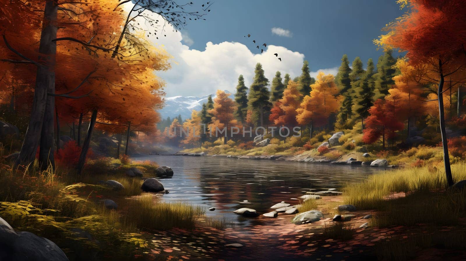 A picturesque landscape showcasing a tranquil river winding through an autumnal forest, vibrant foliage reflecting in the still water.