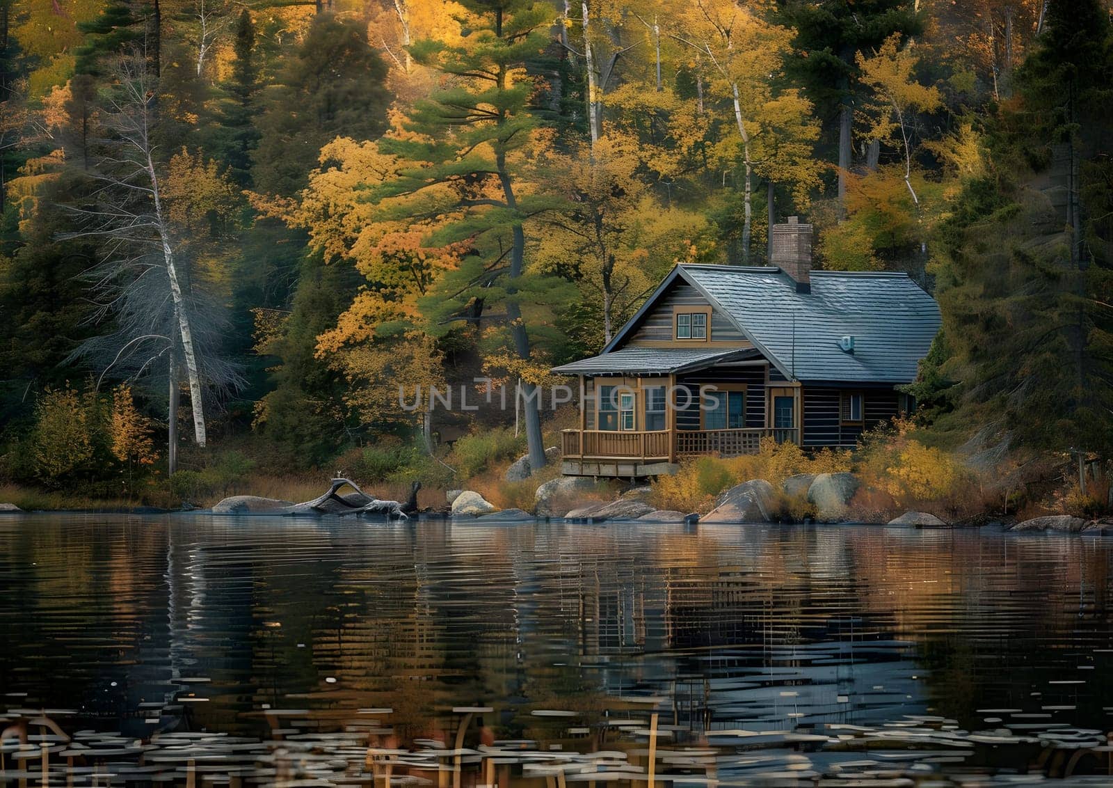 A picturesque cabin nestled amongst a vibrant autumn forest, its reflection shimmering on the tranquil surface of a serene lake.