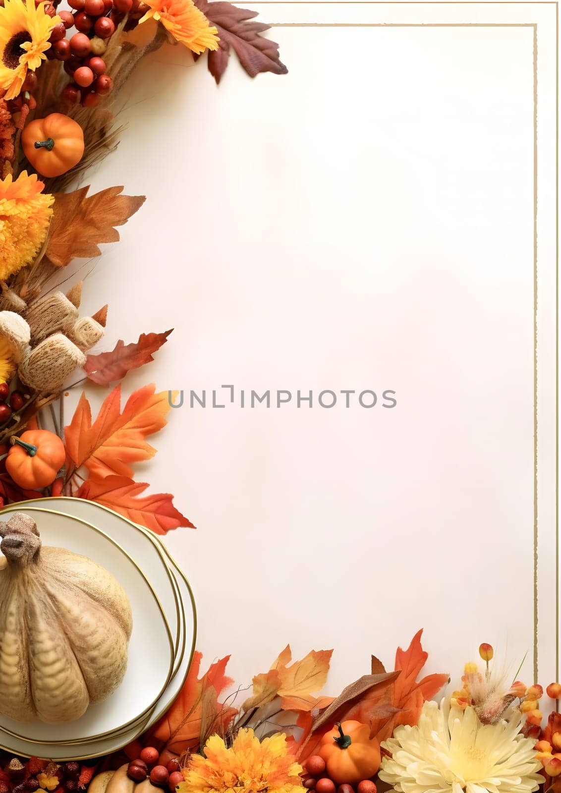 A close-up of an autumnal table setting with a white plate and a decorative gourd surrounded by fall leaves, pumpkins, and flowers