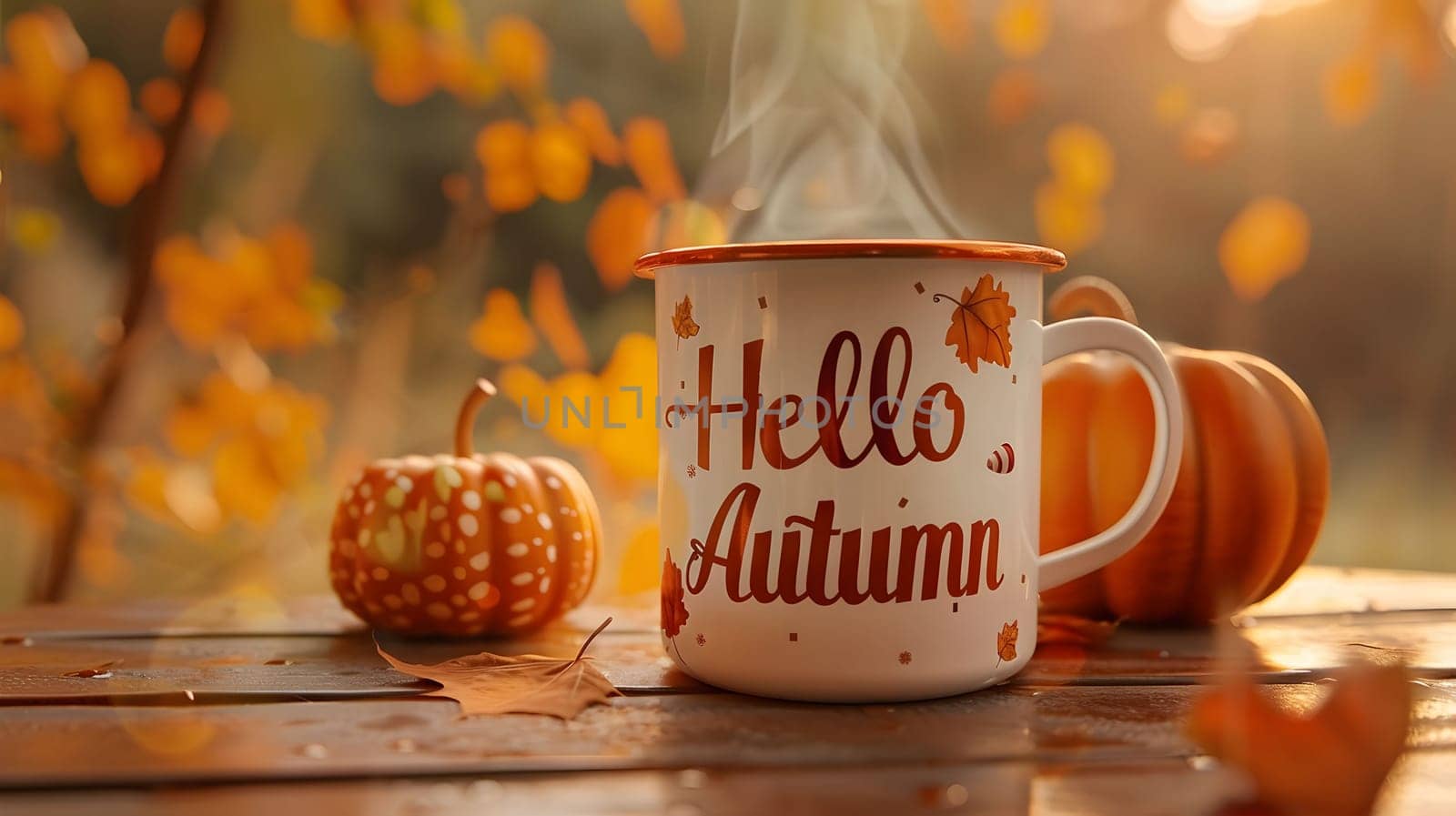 A white mug with the words 'Hello Autumn' on it is steaming and sitting on a wooden table with pumpkins and fall leaves.