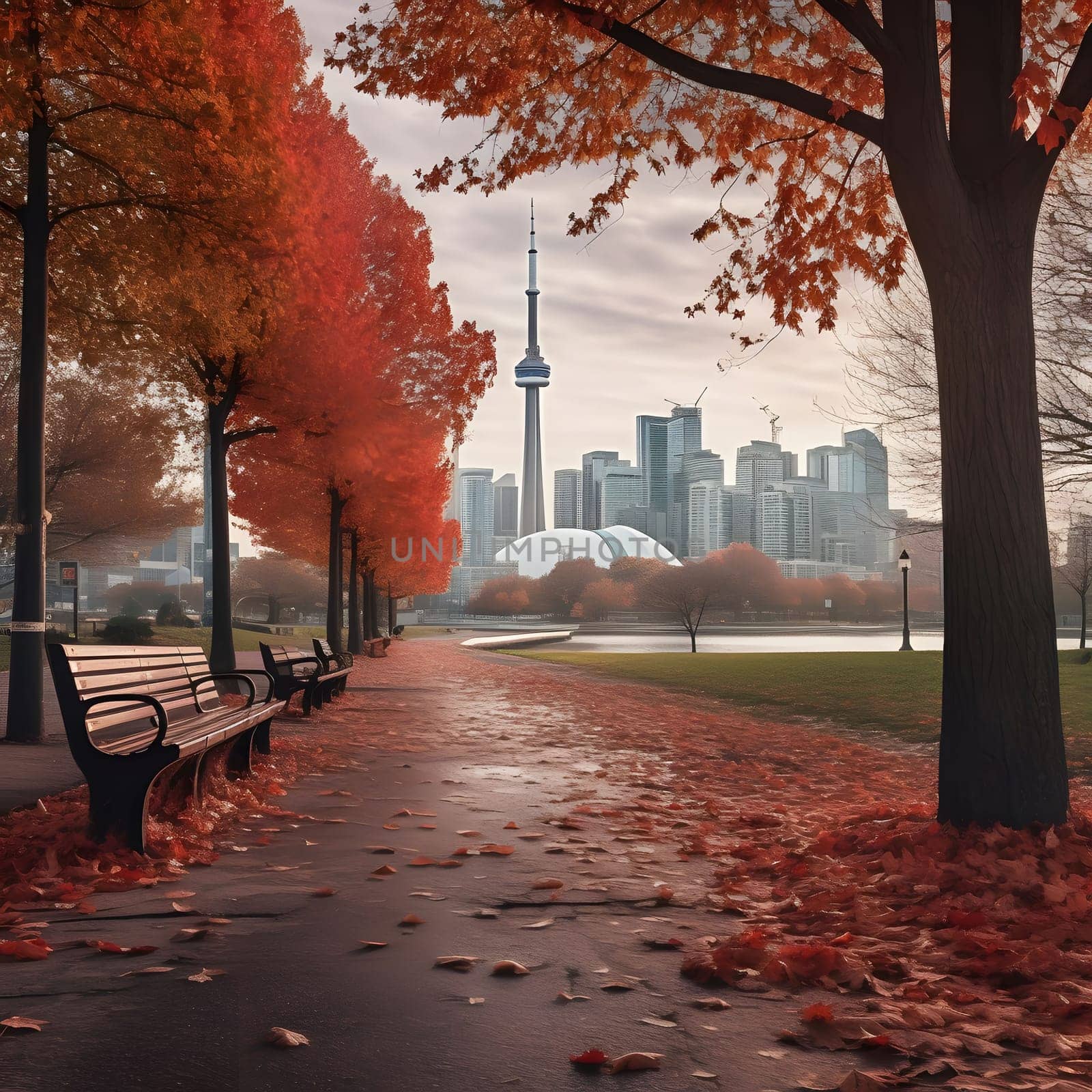 A view of a cityscape in autumn. Benches lined up along a pathway, covered in red leaves. The city skyline in the distance.