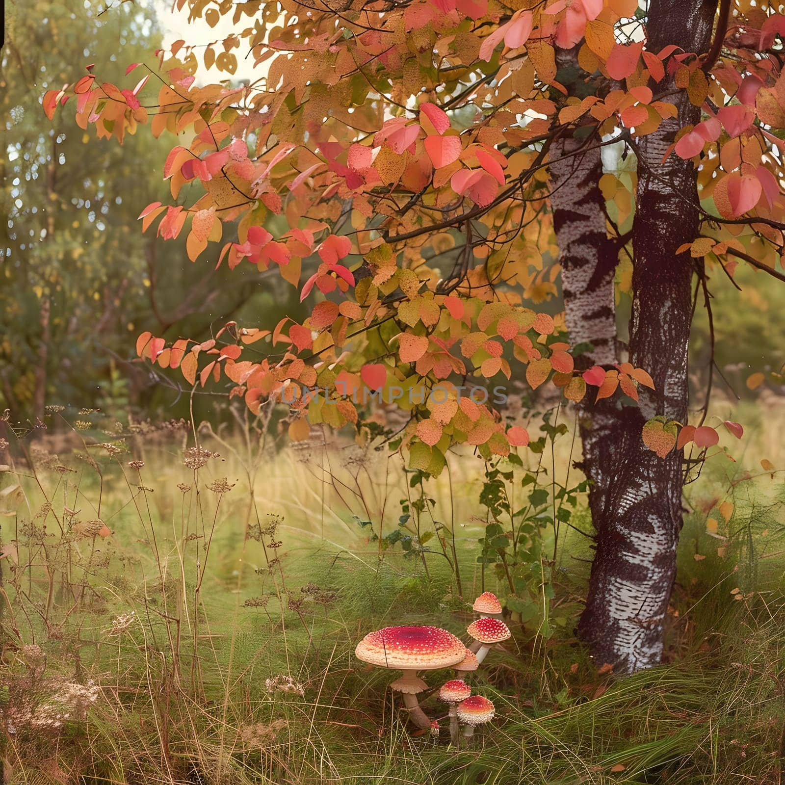 A beautiful image showcasing a vibrant autumn forest with a group of mushrooms growing near the base of a birch tree.