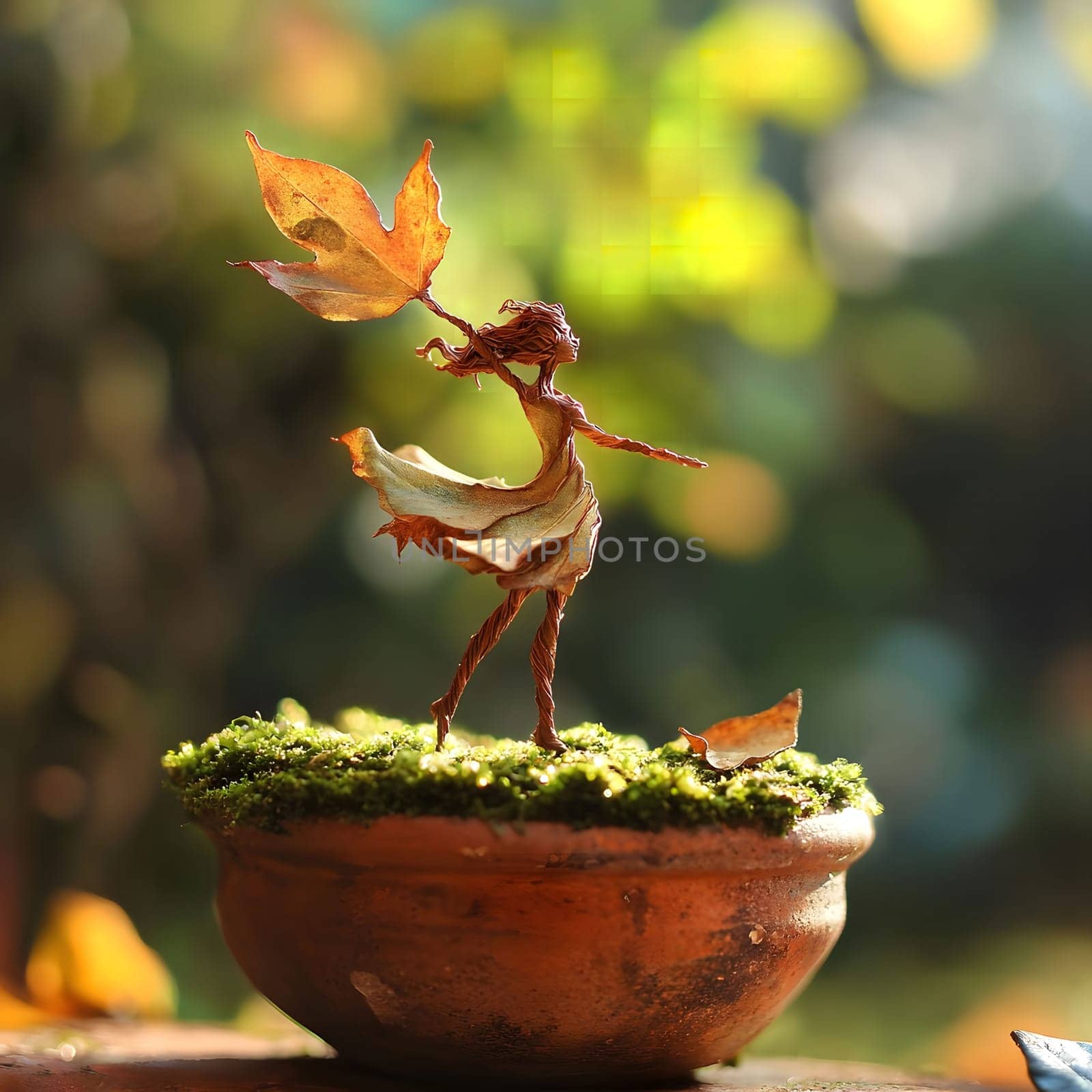 A leaf sculpture of a woman standing on a small potted plant with moss.