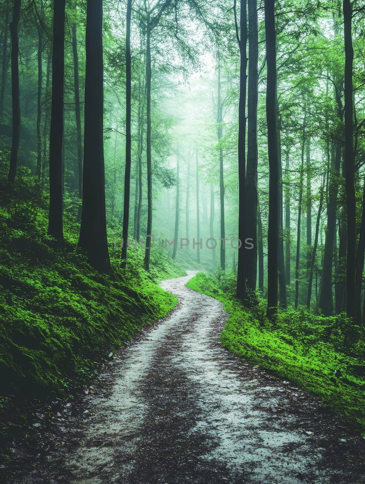 A winding dirt path through a misty forest of tall trees, creating an atmospheric and enchanting scene with lush green undergrowth.