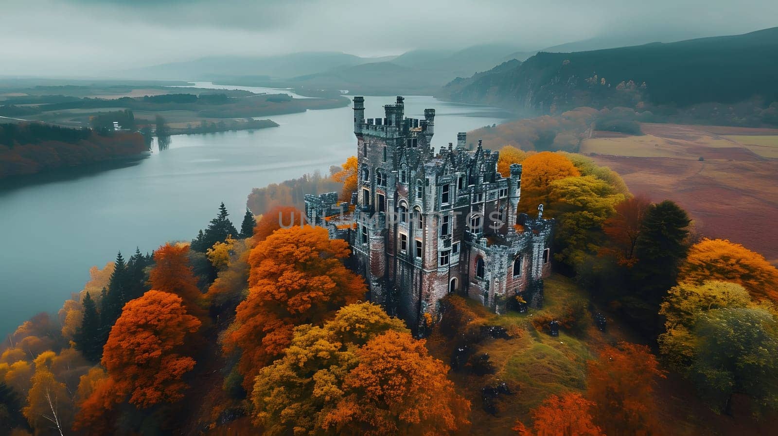 An aerial view of a majestic castle nestled amongst autumn foliage and overlooking a serene lake. The castle stands tall, a testament to the past, with its weathered stone walls and crumbling towers. The surrounding forest is ablaze with vibrant hues of orange, yellow, and red, creating a breathtaking scene.