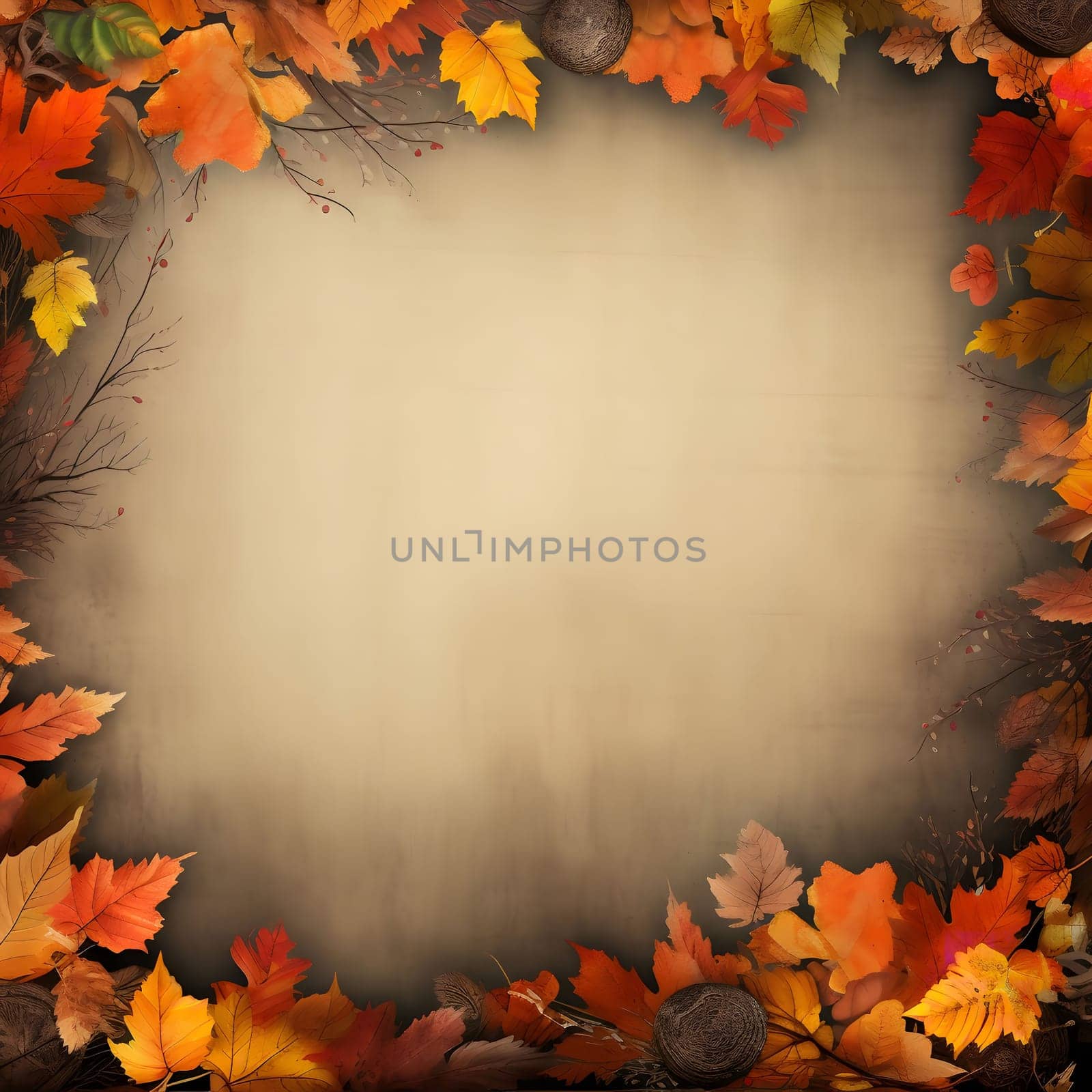 A beautiful autumnal frame with colorful leaves, branches and wooden elements in shades of red, orange, yellow and brown.