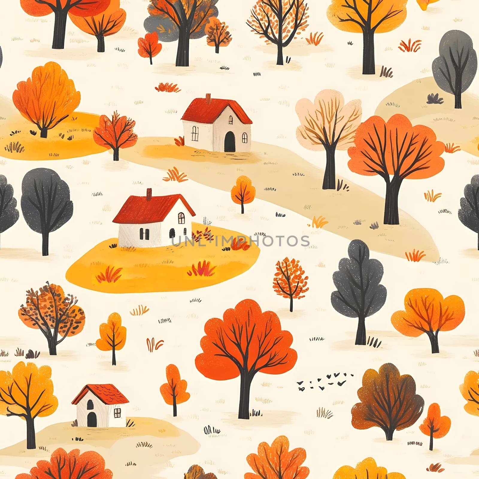 A charming illustration of a village with houses, trees, and fall foliage. The illustration is bright and colorful, creating a whimsical and cozy feel.