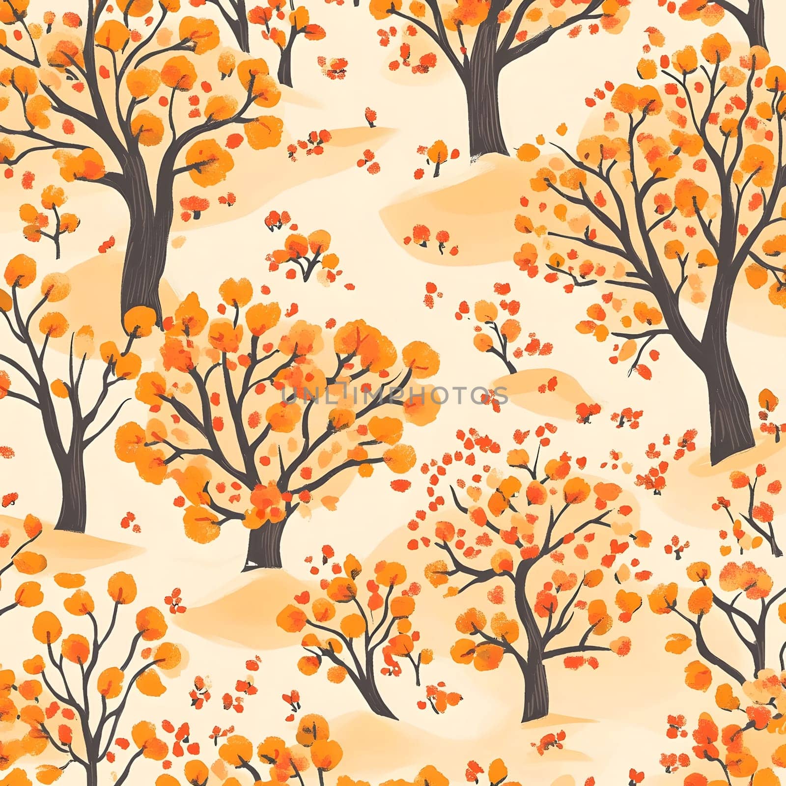A vibrant pattern featuring autumn trees with orange and yellow leaves on a cream background. The design is suitable for various creative applications like backgrounds, textiles, and home decor.
