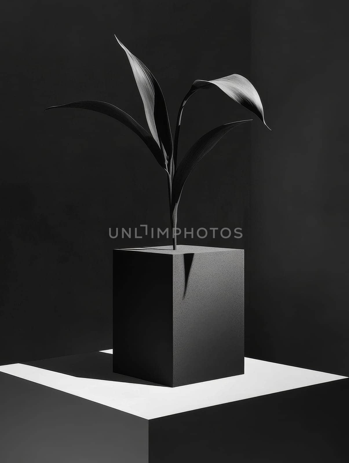 Elegant black and white image of a plant with curved leaves on a cubic pedestal, showcasing simplicity and contrast in artistic still life photography.