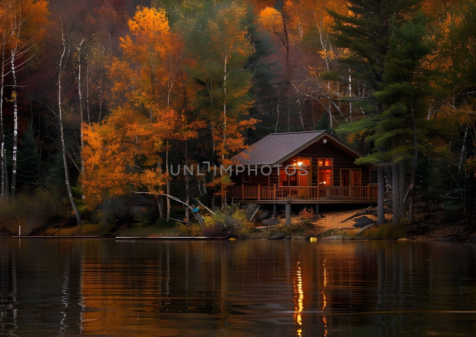 A cozy cabin nestled by a tranquil lake in the heart of an autumnal forest. The water reflects the warm hues of the surrounding trees, creating a serene and picturesque scene.